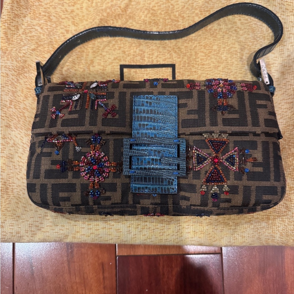 Fendi Black and Brown Embroidered Shoulder Bag